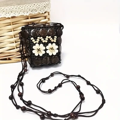 Girls Bohemian Colorful Bead Decor Bag, Straw Vintage Crossbody Bag