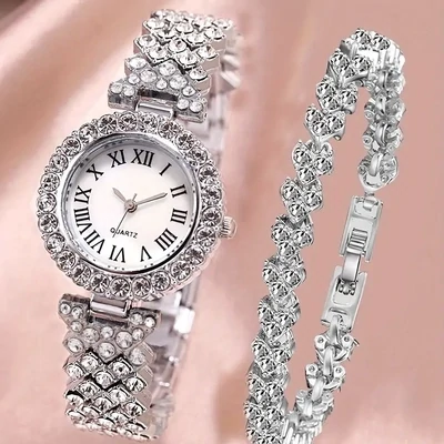 2pcs Set Watch Bracelet Women Quartz Watch + Heart Bracelet Rhinestones Watch Set