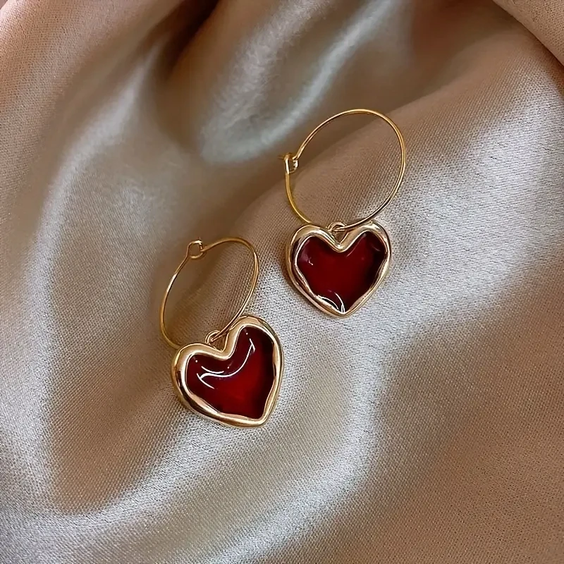 Sweet Burgundy Enamel Heart Earrings For Women