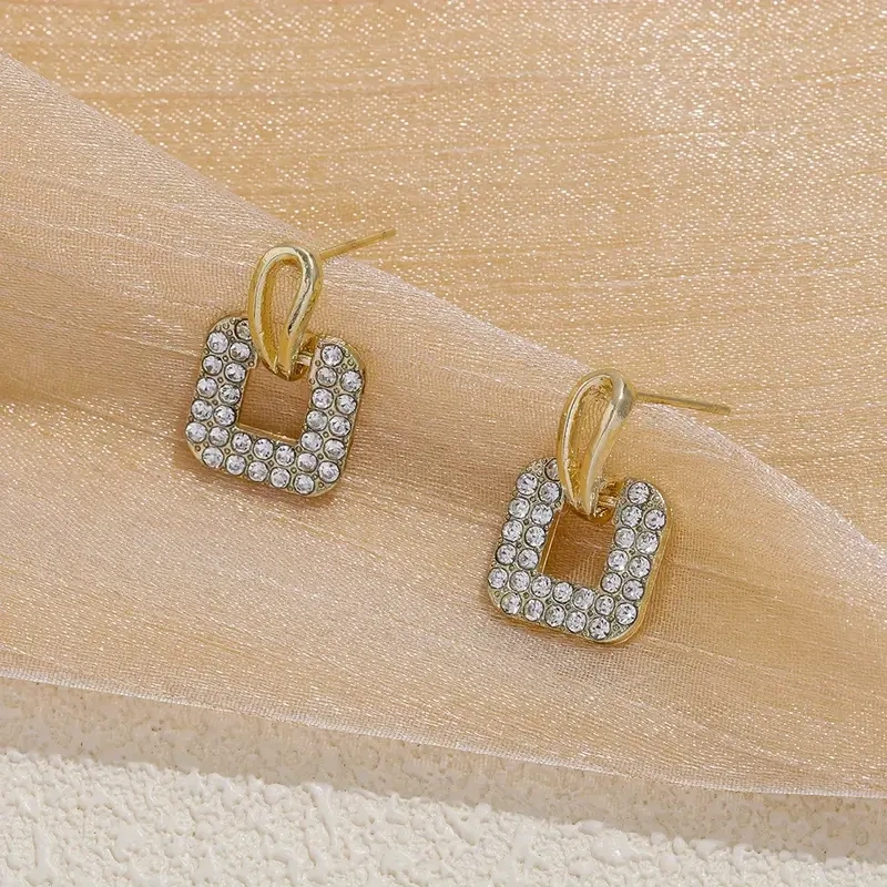 Square Inlaid Rhinestones Drop Dangle Earrings