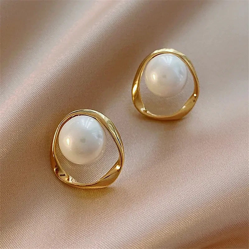White Faux Pearl Stud Dangle Earrings 18K Gold Plated