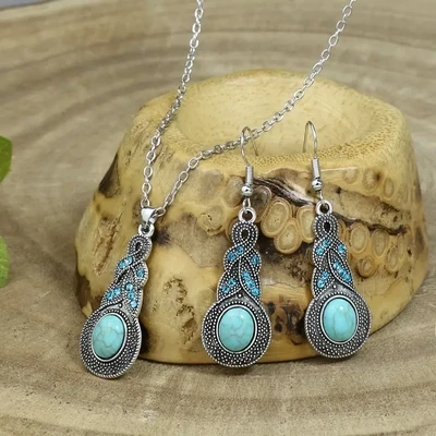 Bohemian Turquoise Inlaid Rhinestones Water Drop Shaped Drop Earrings Necklace Set