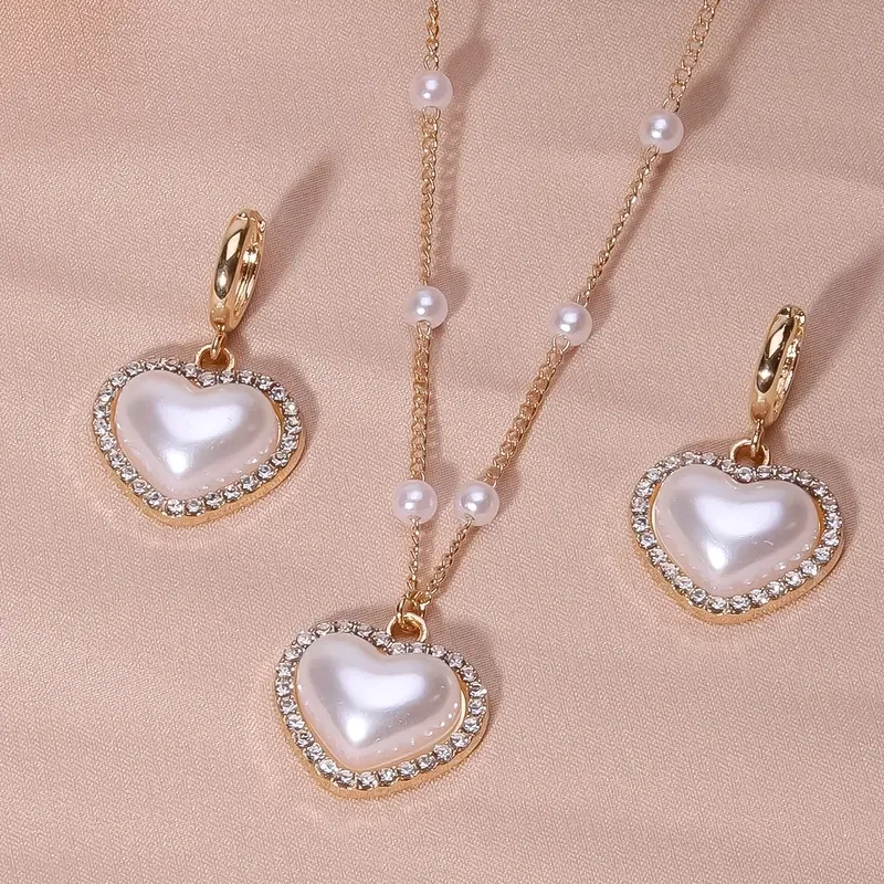 Heart Shape Faux Pearls Jewelry Set With Pendant Necklace &amp; Drop Earrings Inlaid Shiny Rhinestones