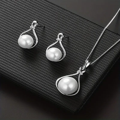Simple Faux Pearls Jewelry Set With Pendant Necklace &amp; Drop Earrings