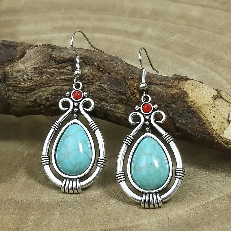 Vintage Boho Hollow Turquoise Drop Earrings