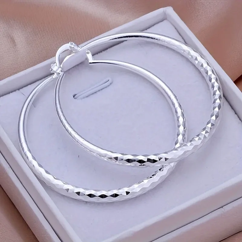 Silvery Big Textured Hoop Earrings Women&#39;s Jewelry Silver Plated
