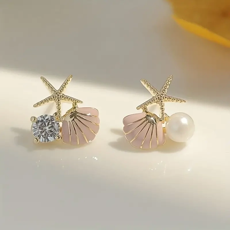 Elegant Shell Faux Pearl Star Stud Earrings