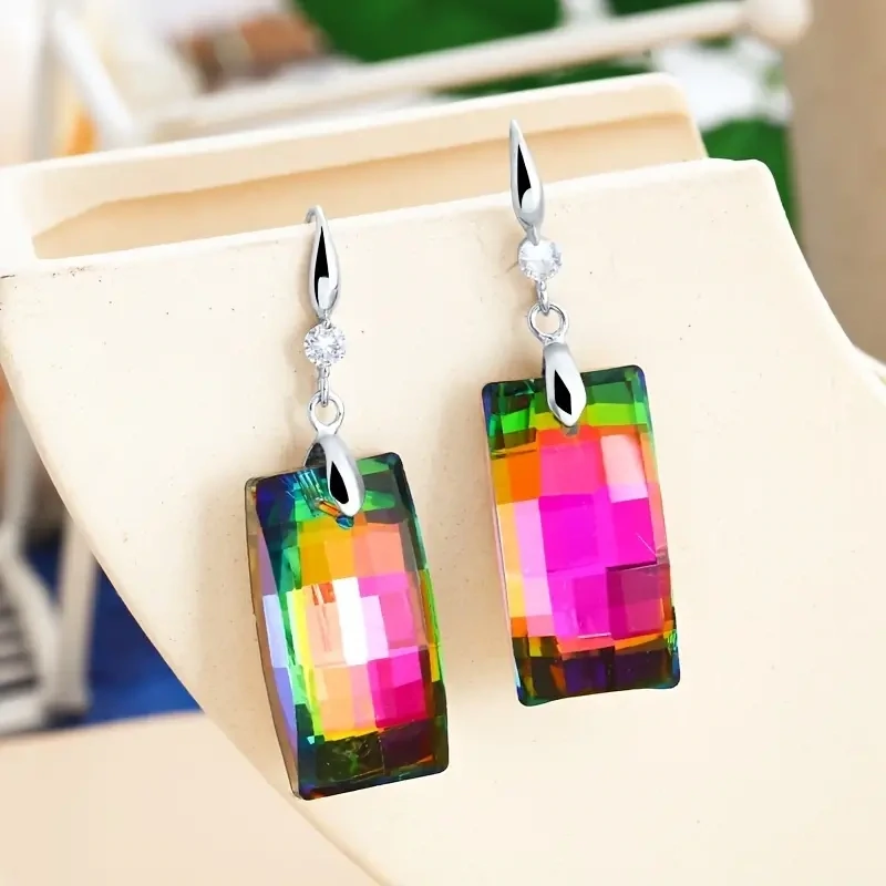 Colorful Rectangle Drop Dangle Earrings 925 Silver Plated