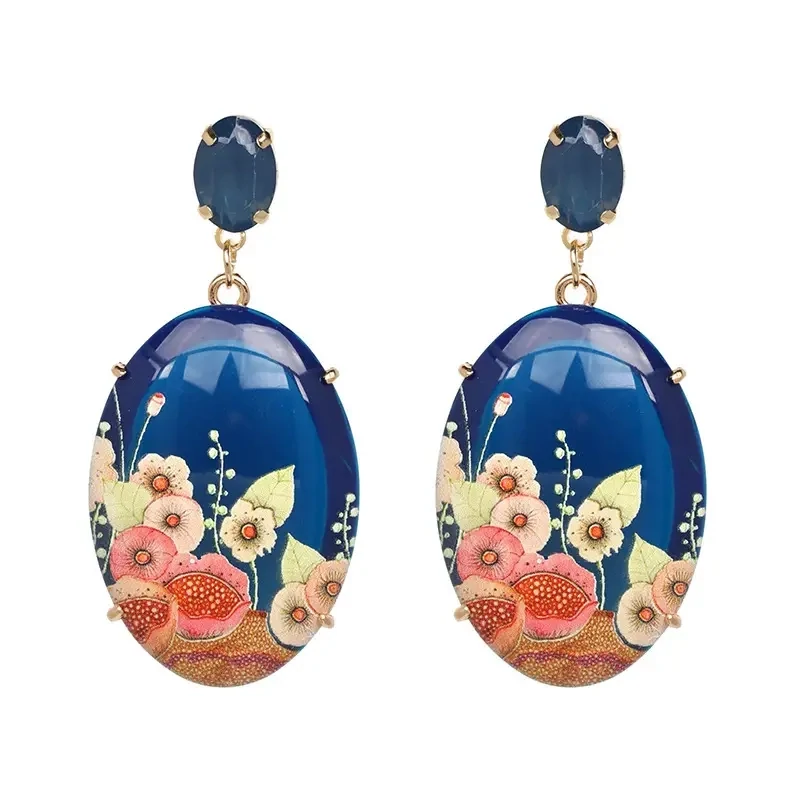 Chinese Style Floral Pattern Oval Resin Earrings Elegant Ear Jewelry For Women Navy Blue