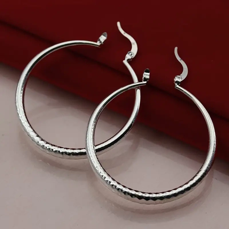 Silvery Big Textured Hoop Earrings Women&#39;s Jewelry Silver Plated