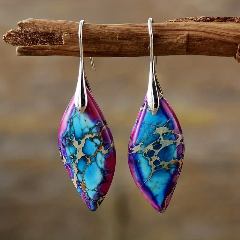 Bohemian Natural Imperial Stone Leaf Dangle Earrings For Women