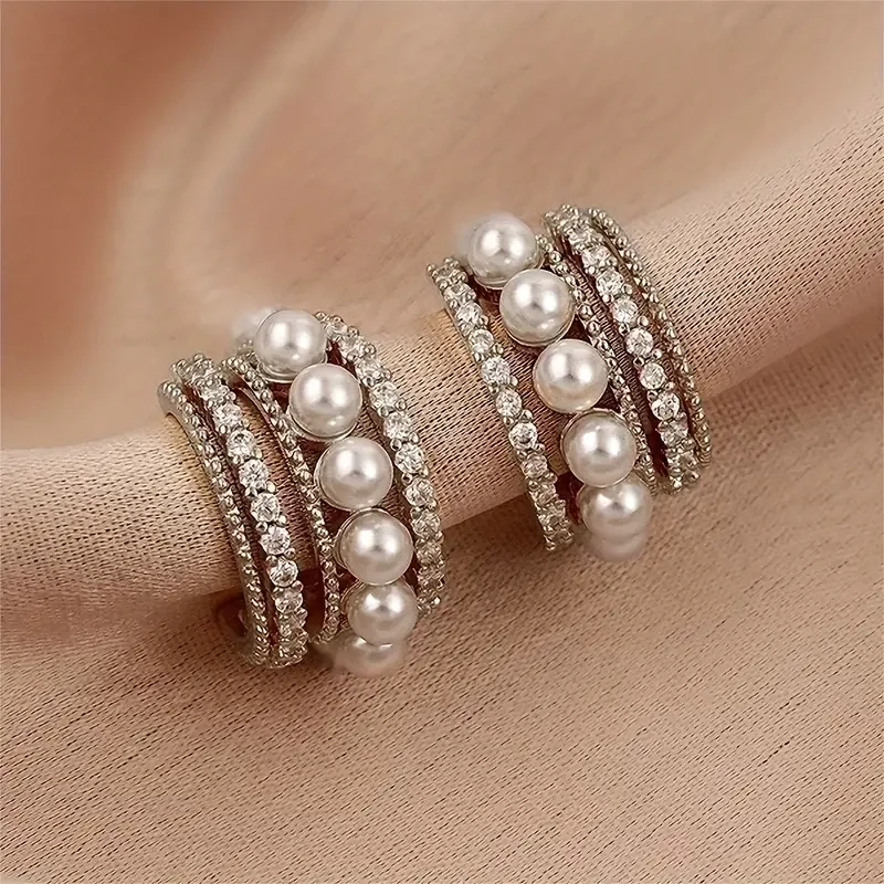 C Shape With Shiny Rhinestone Faux Pearl Decor Elegant Hoop Earrings