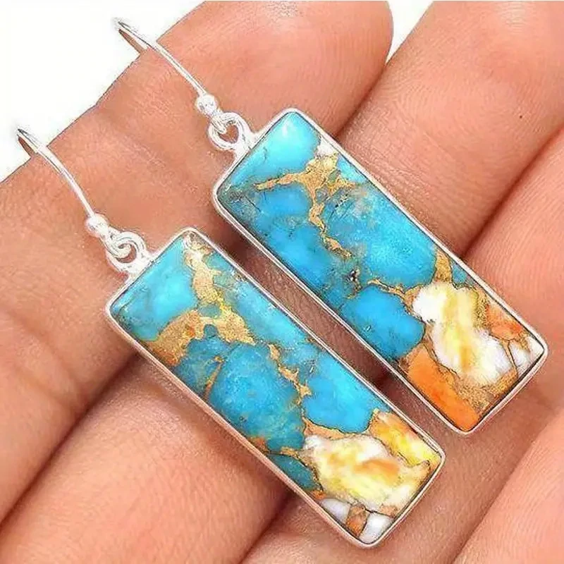Vintage Rectangle Blue White Pattern Hook Drop Earrings Women&#39;s 925 Silver Plated