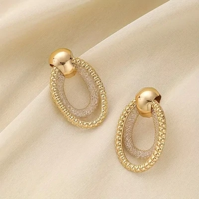 Metal Wire Mesh Design Hollow Golden Dangle Earrings Elegant Minimalist Style Alloy 14K Gold Plated