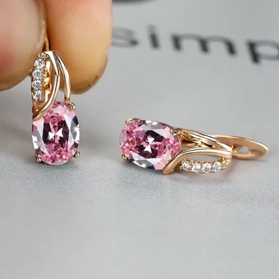Simple Fashion Oval Cut Marble  Zircon Earrings Pink