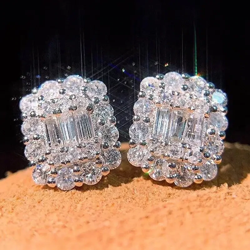 Deluxe Square Zircon Stud Fashion Ladies Stud Earrings Zicron Inlaid 925 Silver Plated