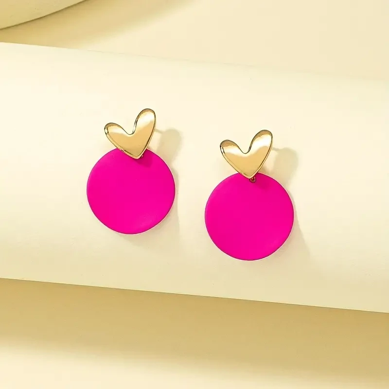 Hot Pink Round &amp; Golden Heart Shaped Stud Earrings