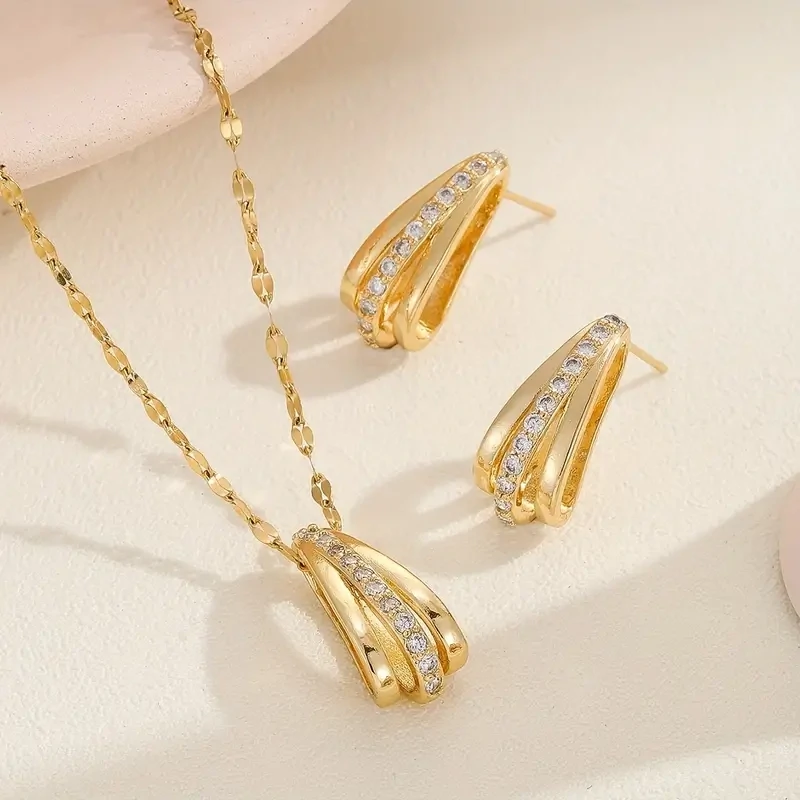 18K Gold Plated Geometric Shape Zircon Earrings &amp; Necklace Jewelry Set, Golden Fine Jewelry