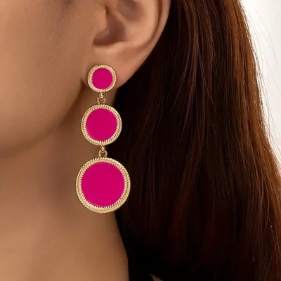 3 Hot Pink Round Sheet Design Dangle Earrings Sexy Leisure Style Alloy 18K Gold Plated Jewelry