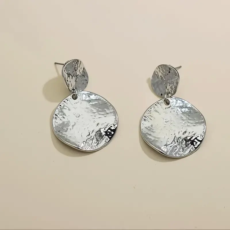 Silver Matte Round Disc Geometric Earrings Circle
