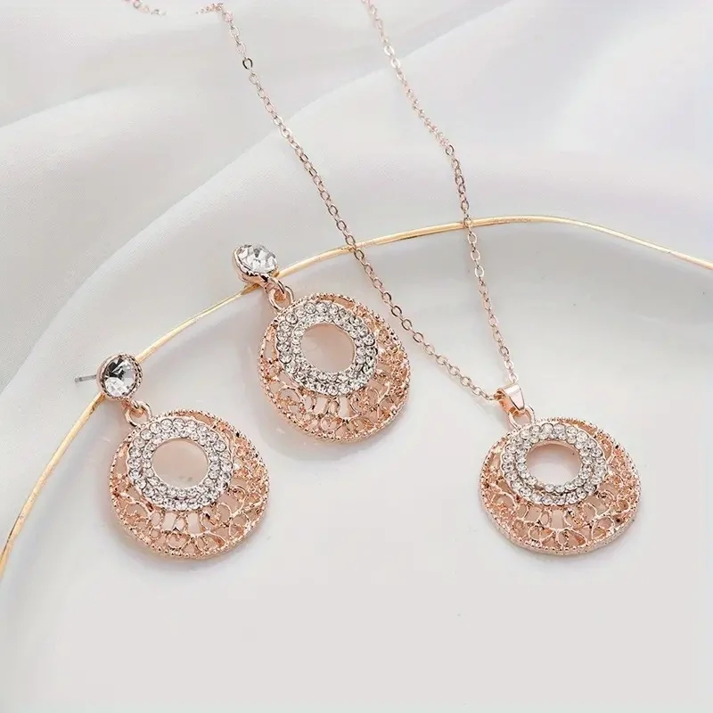 3pcs Earrings Plus Necklace Vintage Jewelry Set Inlaid Rhinestone