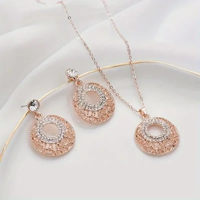 3pcs Earrings Plus Necklace Vintage Jewelry Set Inlaid Rhinestone