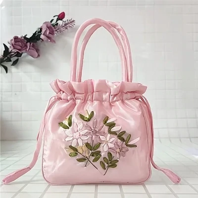 Floral  Handbag, Women&#39;s Fashion Nylon Drawstring Phone Bag Double Handle Purse