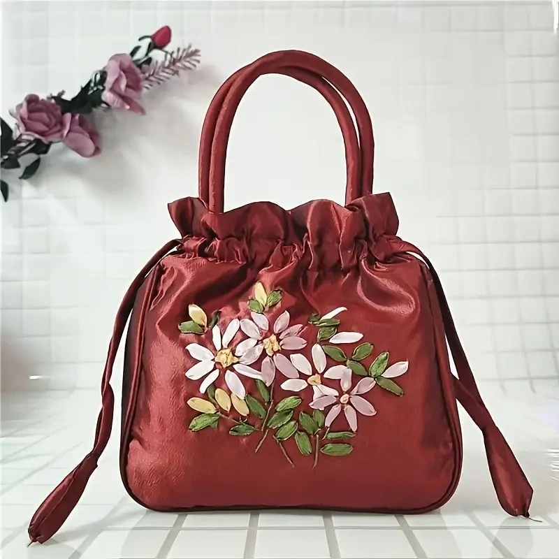 Floral Handbag, Women&#39;s Fashion Nylon Drawstring Phone Bag Double Handle Purse