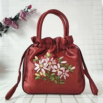 Floral Handbag, Women&#39;s Fashion Nylon Drawstring Phone Bag Double Handle Purse