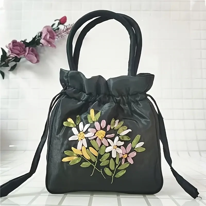 Black Floral  Handbag, Women&#39;s Fashion Nylon Drawstring Phone Bag Double Handle Purse