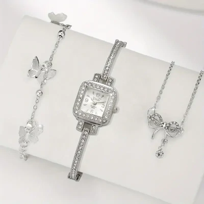 Square Pointer Quartz Bracelet Watch Sparkling Rhinestone Analog Wrist Watch &amp; 2pcs Butterfly Jewelry Set