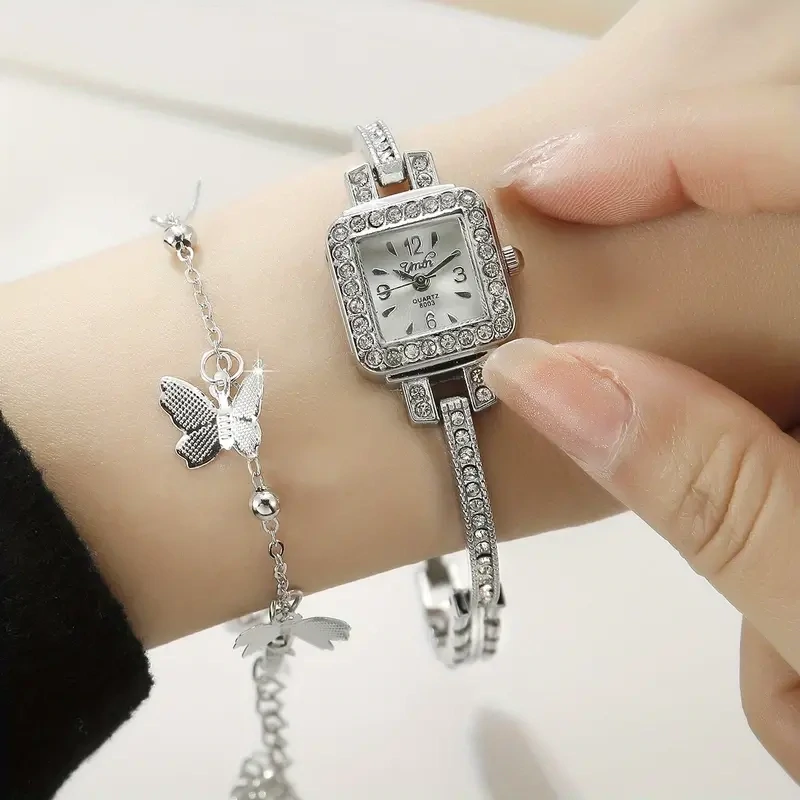 Luxury Rhinestone Quartz Bracelet Watch Fashion Analog Bangle Cuff Watch &amp; 1pc Butterfly Bracelet