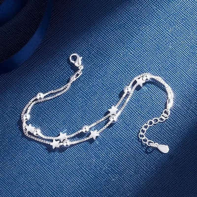 Silver Plated Pentagram Bracelet For Girls, Double Layer Star Bracelet