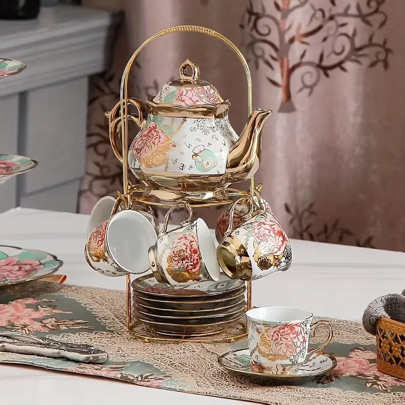 20pcs Tea Set, Ceramics Tea Set, Afternoon Tea Set Porcelain Tea Set With Metal Holder, European Ceramic Tea Set For Adults, Flower Tea Set, Tea Set For Women With Flower Painting, Tea Accessories