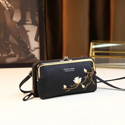 Floral Embroidery Wallet For Women, Fashion Mini Crossbody Bag, PU Leather Mobile Phone Bag Coin Purse.