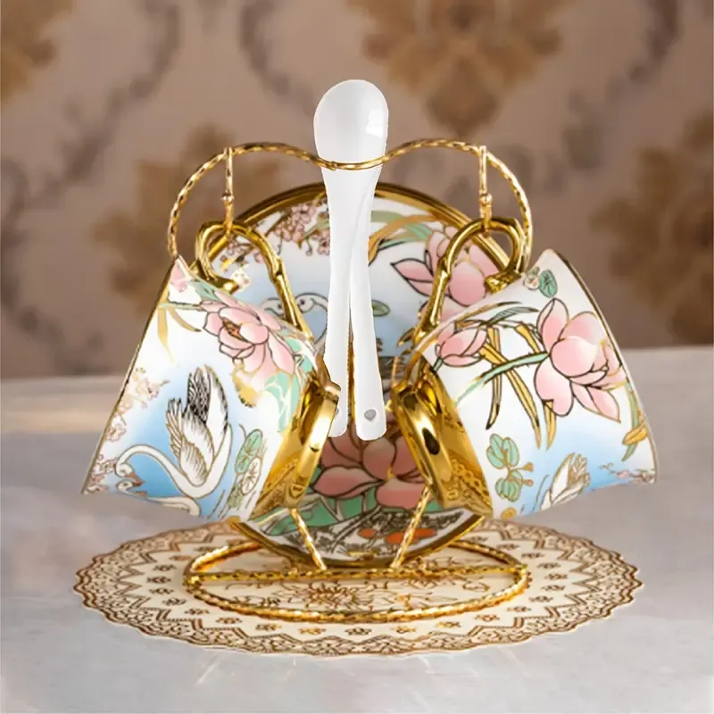 Luxury Gold-Plated Ceramic Coffee &amp; Tea Cup Set With Saucer, Spoon, And Holder - European Style Home Decor
