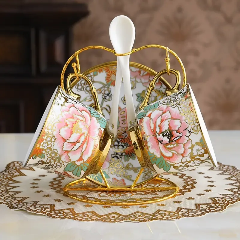 Green Powder Flowers Luxury Gold-Plated Ceramic Coffee &amp; Tea Cup Set With Saucer, Spoon, And Holder - European Style Home Decor