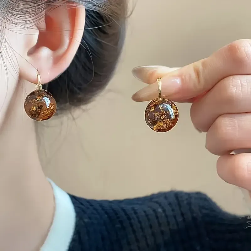 Coffee color  Chic Boho-Inspired Gradient Ball Hoop Earrings - Vintage Style, Resin &amp; Zinc Alloy, Perfect for Casual Attire or Gifting