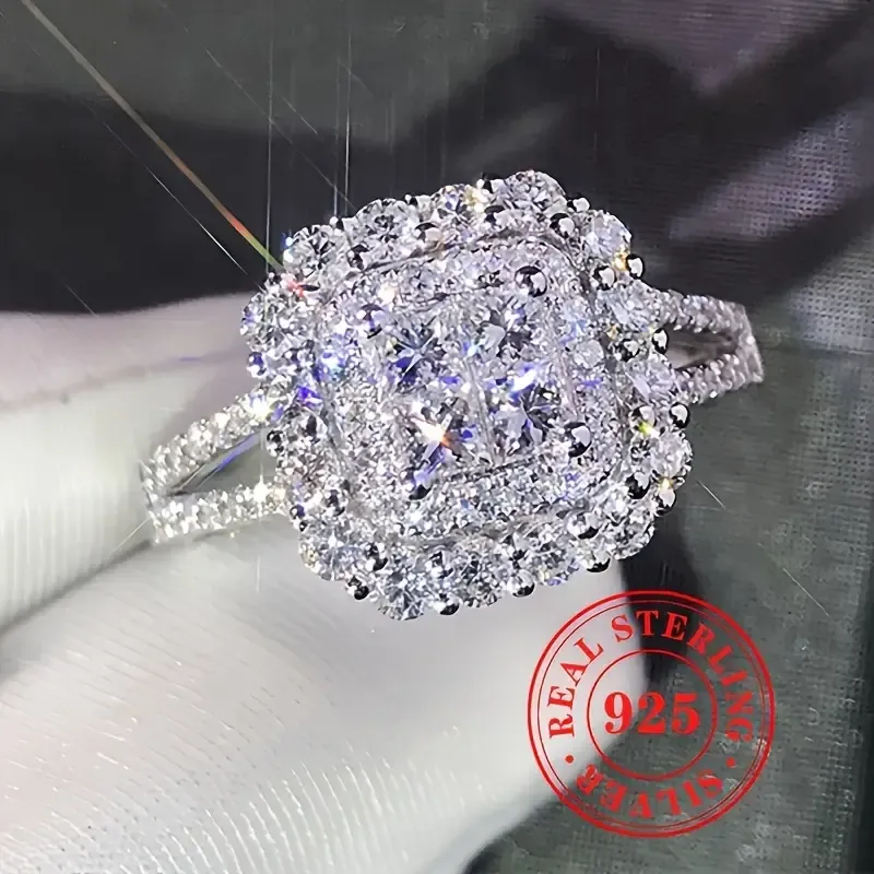 Size 7  4.4g S925 Pure Silvery Solidly Paved with Shiny Zirconia Square Ring.