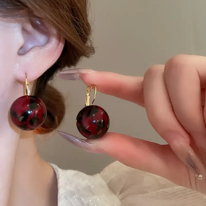Red 1 Pair Vintage Simple Elegant Resin Dangle Earrings, Stainless Steel Hooks.
