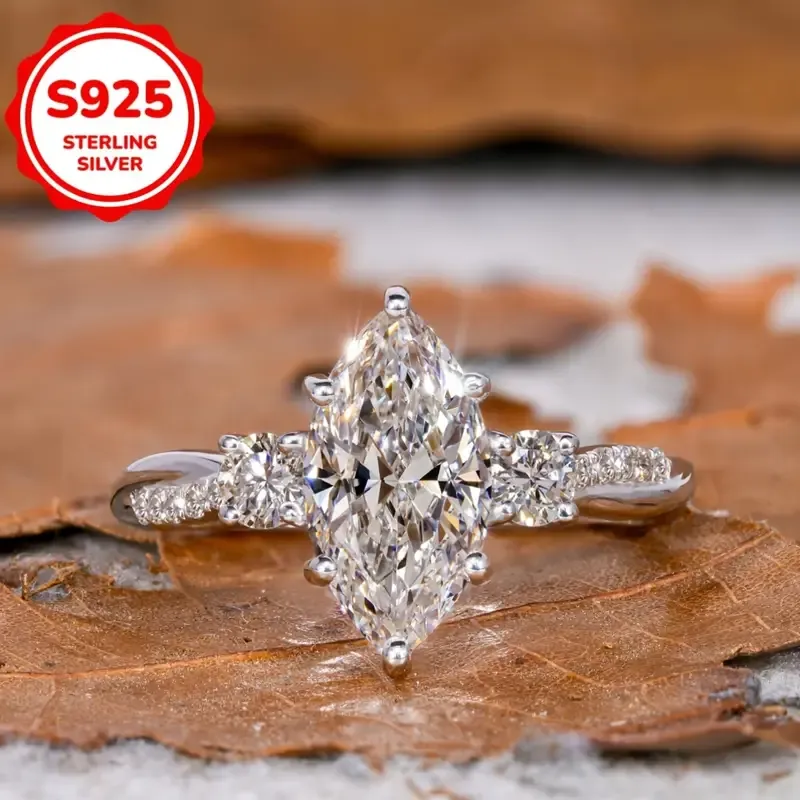 1pc 925 Sterling Silver Marquise Cut Cubic Zirconia Ring for women. Size 8