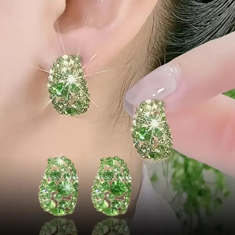 Green 1 Pair Gorgeous Synthetic Rhinestone Earrings, Alloy with Copper Ear Needle, Mixed Color Glass Mosaic, Luxury Fashion Jewelry for Women.