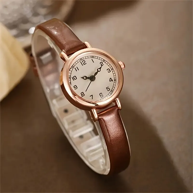 1pc Women&#39;s Retro Rose Golden Quartz Watch - Elegant Brown PU Leather Strap, White Dial with Black Numerals