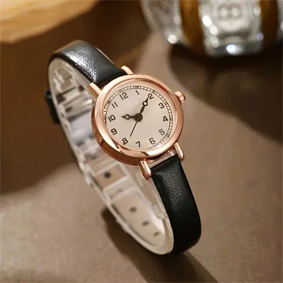 1pc Women&#39;s Retro Rose Golden Quartz Watch - Elegant Black PU Leather Strap, White Dial with Black Numerals
