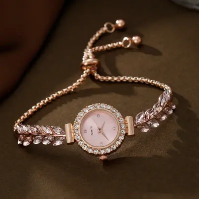 Women&#39;s Watch  Luxury Pink Rhinestone Quartz Bracelet Watch Leaf Fashion Analog Adjustable Wrist Watch.