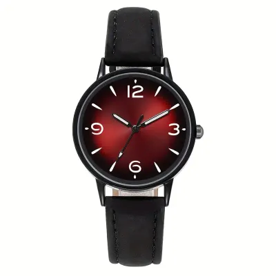 Women&#39;s Stylish Red Gradient Sun Quartz Watch with Luminous Hands, Black Dial &amp; PU Leather Strap - Analog Display for Casual Attire, Time Visibility.