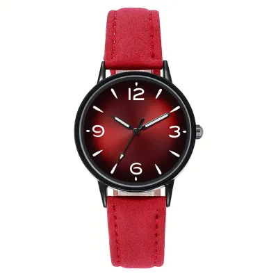 Women&#39;s Stylish Red Gradient Sun Quartz Watch with Luminous Hands, Black Dial &amp; PU Leather Strap - Analog Display for Casual Attire, Time Visibility