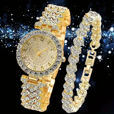 2pcs Elegant Rhinestone Watch Stainless Steel Fashion Minimalist Luxury Full Rhinestone Bracelet Quartz Watch .