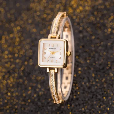 1pc Elegant Golden-Tone Women&#39;s Quartz Watch with Rhinestone Bracelet - Retro Small Square Dial, White Face.