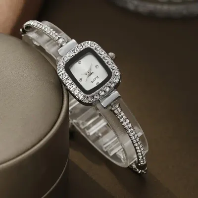 1pc Elegant Women&#39;s Square Quartz Watch  with Crystal Accents, Adjustable White Strap.